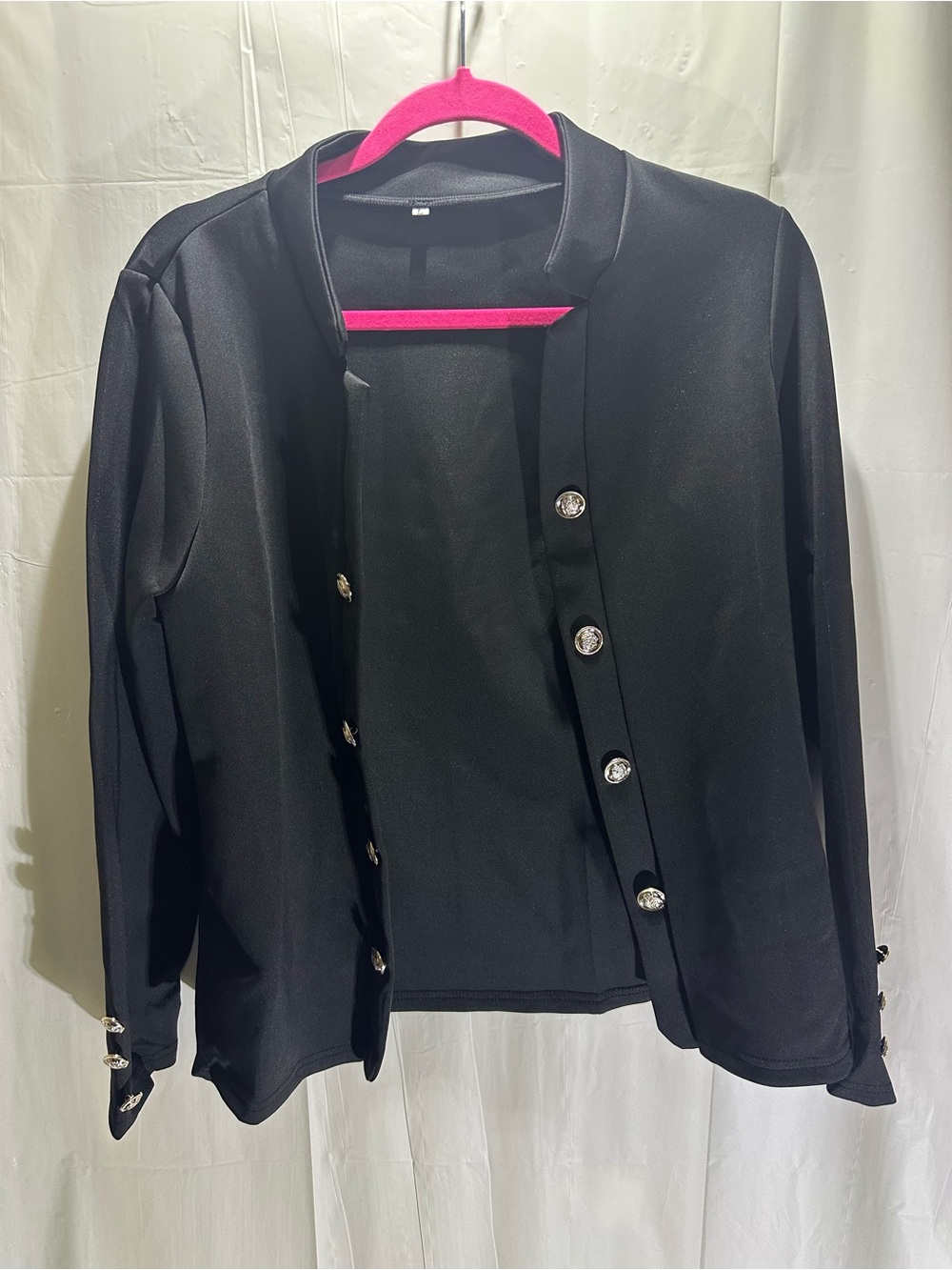 Women’s Black Solid Button Front Jacket Sz L Long Sleeve Short Length